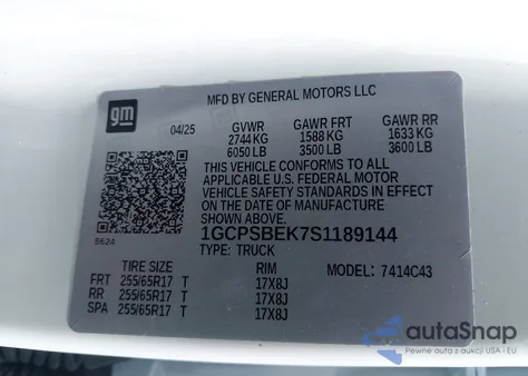 2025 Chevrolet Colorado 2Wd Wt z USA, uszkodzony, nr VIN 1GCPSBEK7S1189144